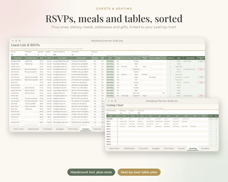 The Wedding Planner Spreadsheet: Guest list & seating tab preview