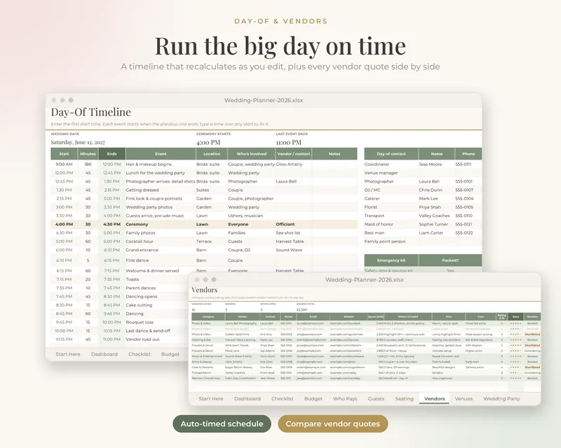 The Wedding Planner Spreadsheet: Vendors & day-of tab preview